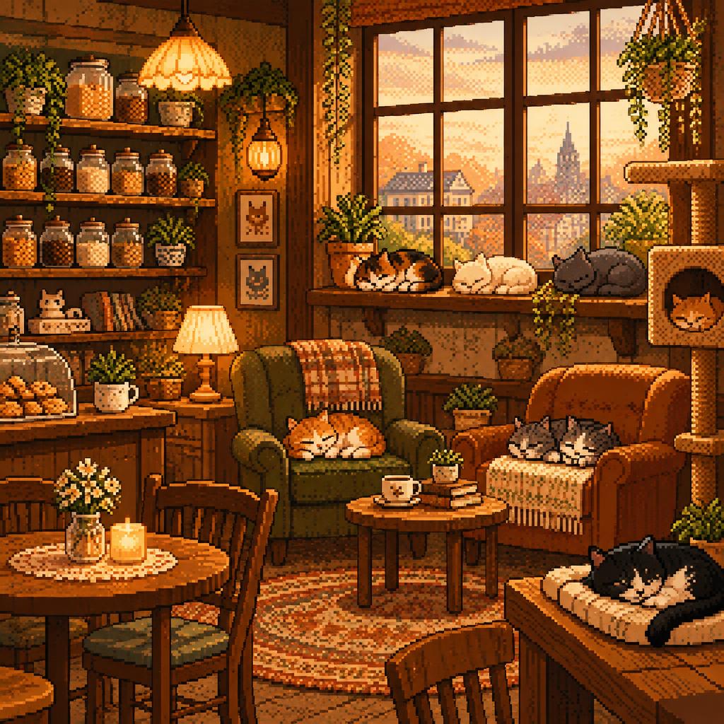 Pixel-art café interior with sleeping cats on armchairs and windowsills