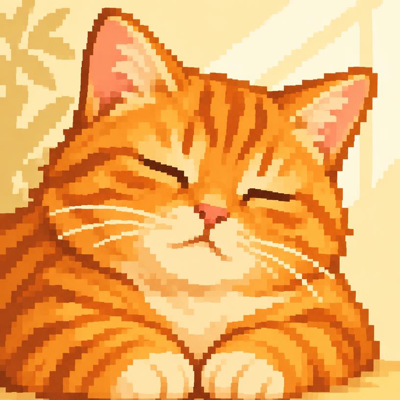 Pixel-art orange tabby cat with sleepy closed eyes