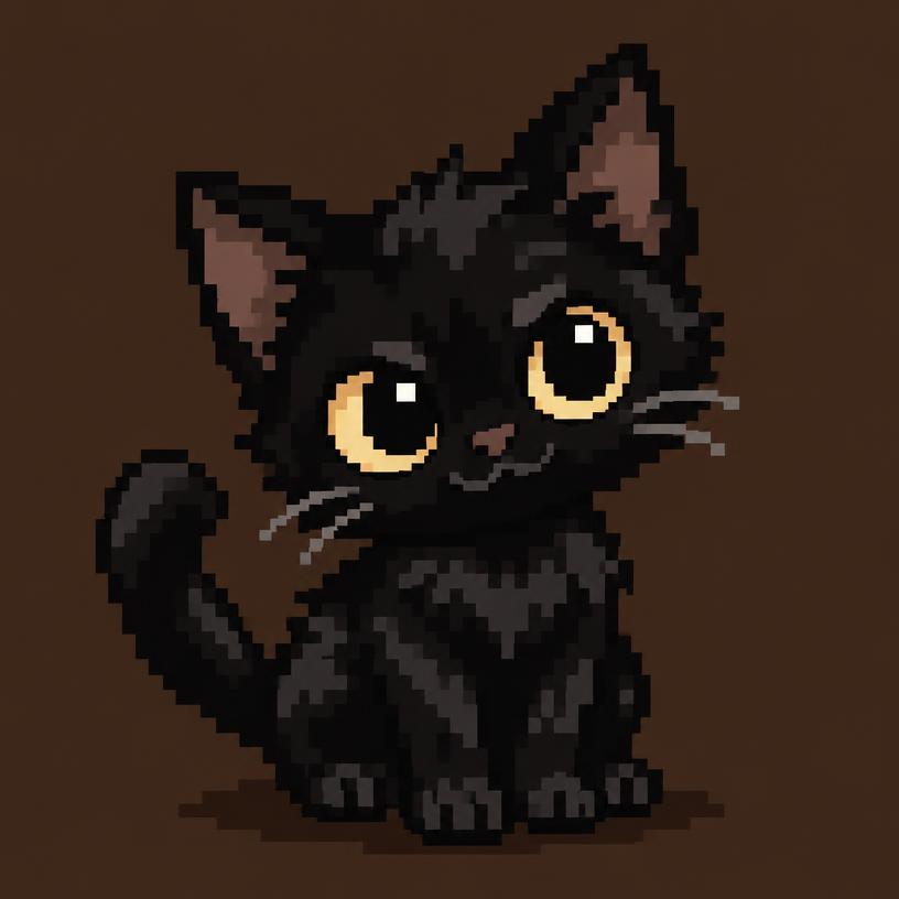 Pixel-art small black kitten with big round eyes