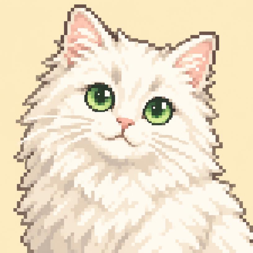 Pixel-art fluffy white cat with green eyes